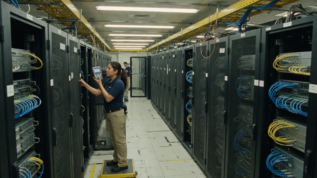 A technician checks a server rack in a long aisle of a working data hall