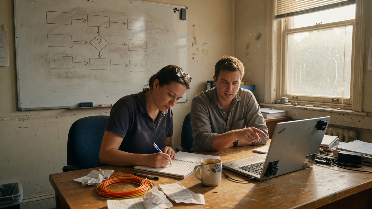 Two engineers review notes and a laptop beside a whiteboard flowchart in a small office
