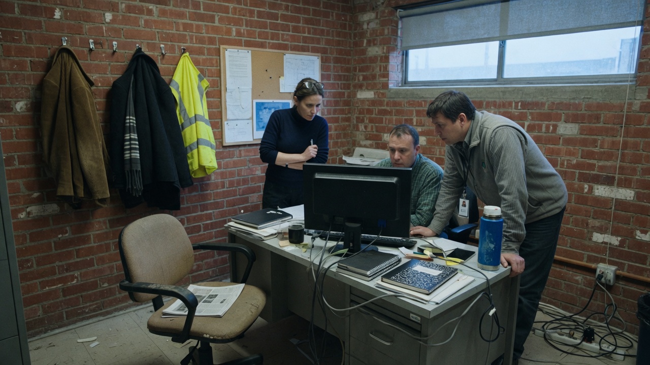 Three colleagues review a monitor in a brick office while an empty chair sits pulled out from the desk
